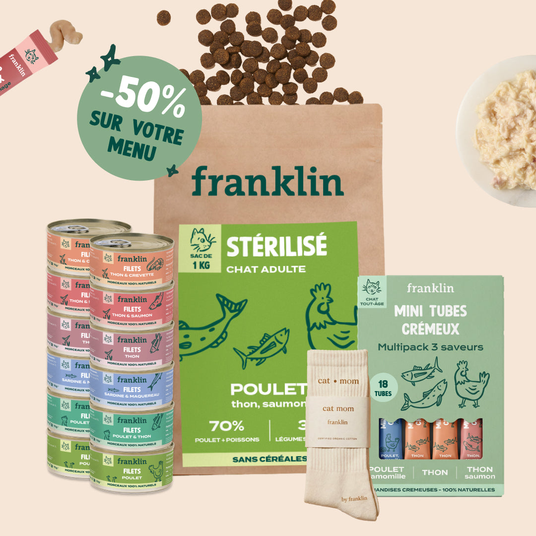 Franklin Alimentation premium pour chien et chat. Choisissez la meilleure nourriture pour votre animal : Croquettes sans céréales riches en protéines et faibles en glucides. Découvrez notre large gamme de pâtées et de friandises riches en viande !