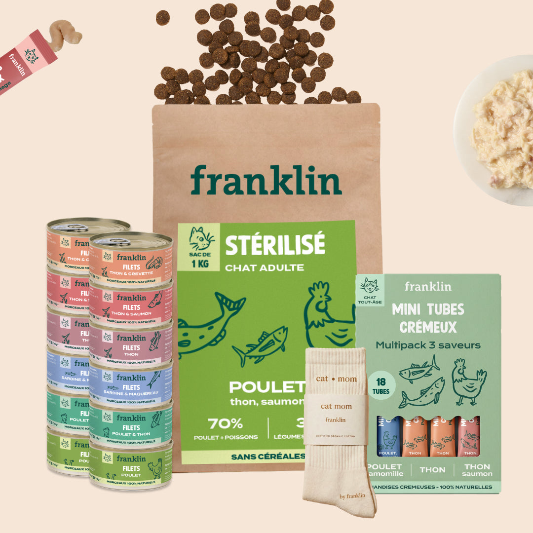 Franklin Alimentation premium pour chien et chat. Choisissez la meilleure nourriture pour votre animal : Croquettes sans céréales riches en protéines et faibles en glucides. Découvrez notre large gamme de pâtées et de friandises riches en viande !