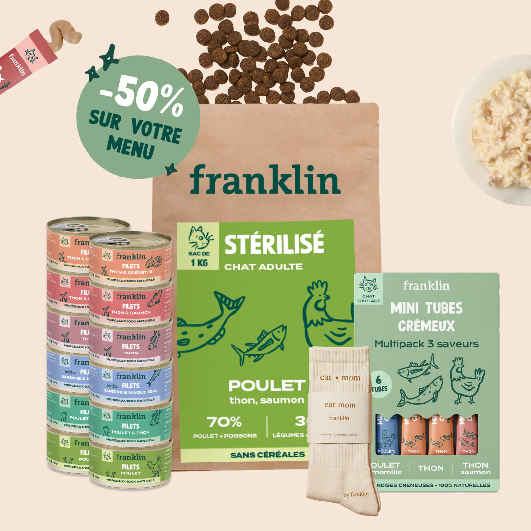 Franklin Alimentation premium pour chien et chat. Choisissez la meilleure nourriture pour votre animal : Croquettes sans céréales riches en protéines et faibles en glucides. Découvrez notre large gamme de pâtées et de friandises riches en viande !