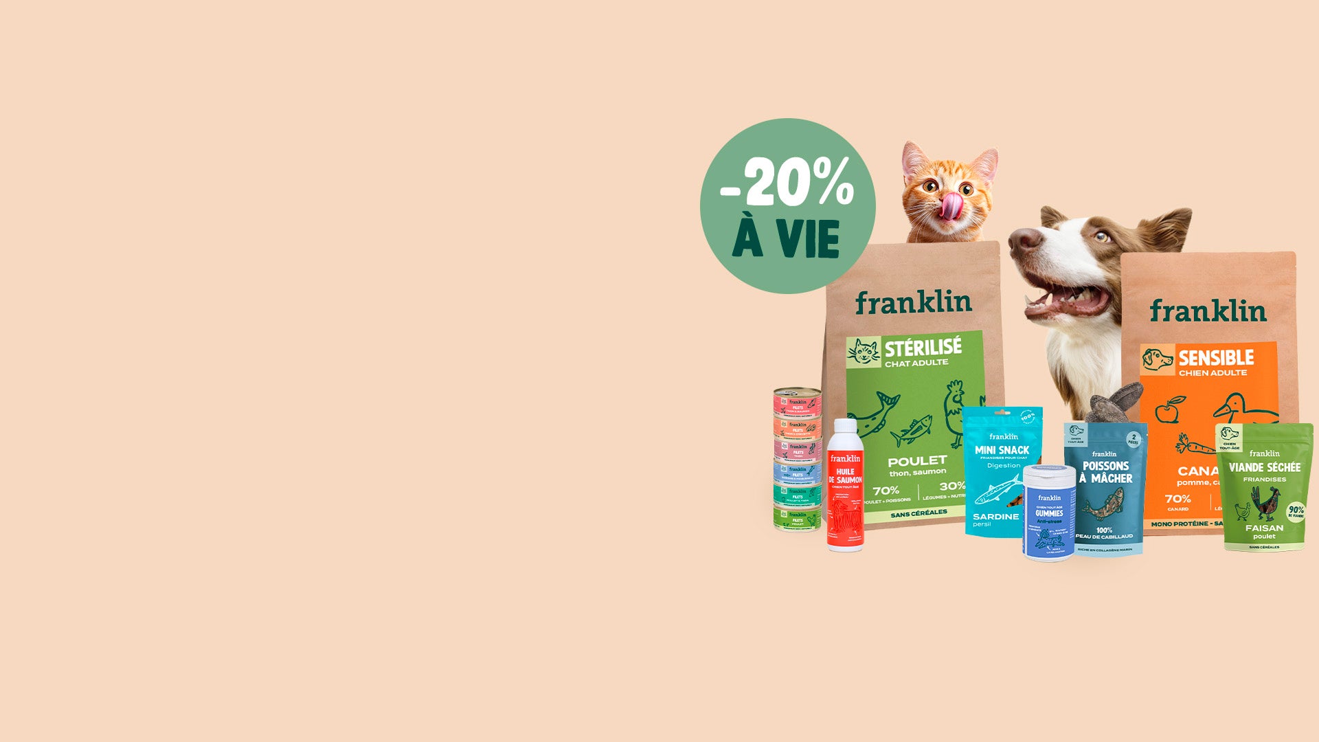 Franklin Alimentation premium pour chien et chat. Choisissez la meilleure nourriture pour votre animal : Croquettes sans céréales riches en protéines et faibles en glucides. Découvrez notre large gamme de pâtées et de friandises riches en viande !