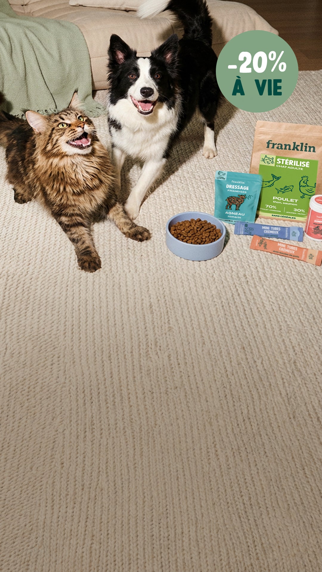 Franklin Alimentation premium pour chien et chat. Choisissez la meilleure nourriture pour votre animal : Croquettes sans céréales riches en protéines et faibles en glucides. Découvrez notre large gamme de pâtées et de friandises riches en viande !
