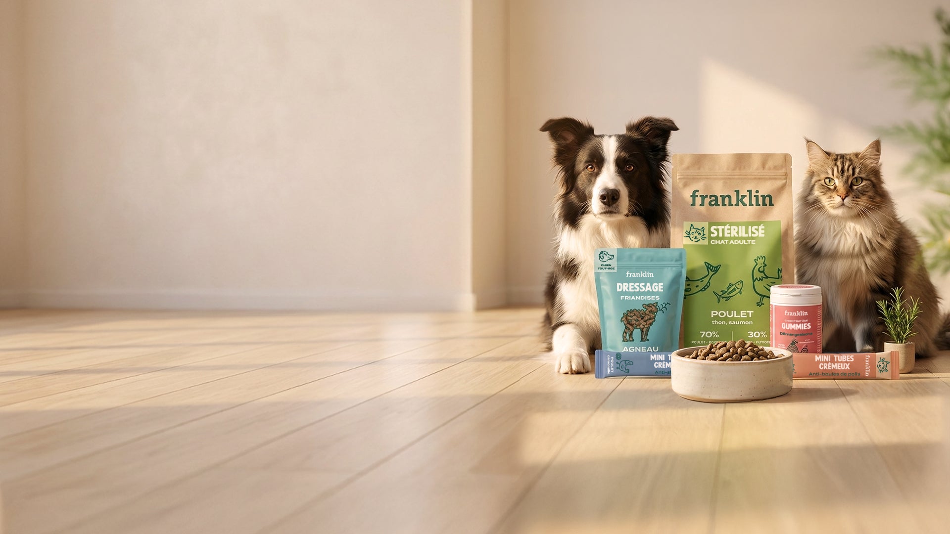 Franklin Alimentation premium pour chien et chat. Choisissez la meilleure nourriture pour votre animal : Croquettes sans céréales riches en protéines et faibles en glucides. Découvrez notre large gamme de pâtées et de friandises riches en viande !