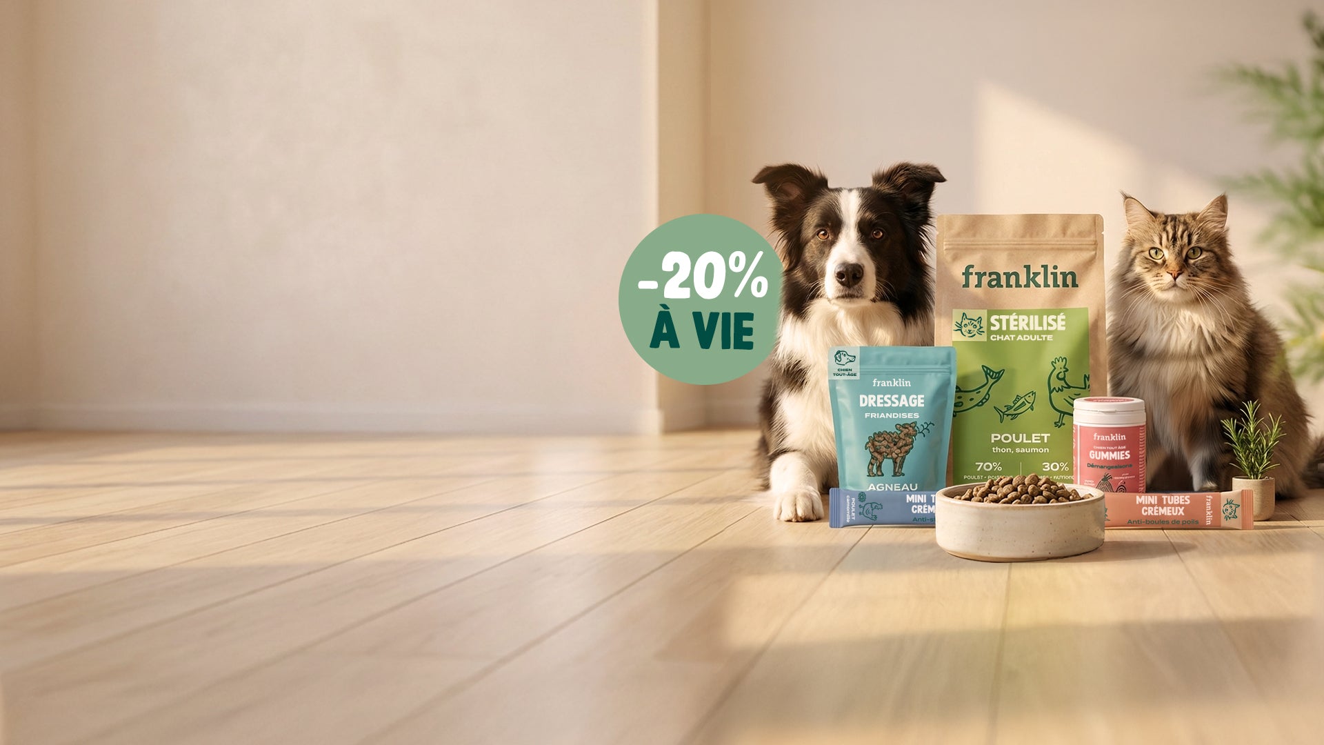 Franklin Alimentation premium pour chien et chat. Choisissez la meilleure nourriture pour votre animal : Croquettes sans céréales riches en protéines et faibles en glucides. Découvrez notre large gamme de pâtées et de friandises riches en viande !