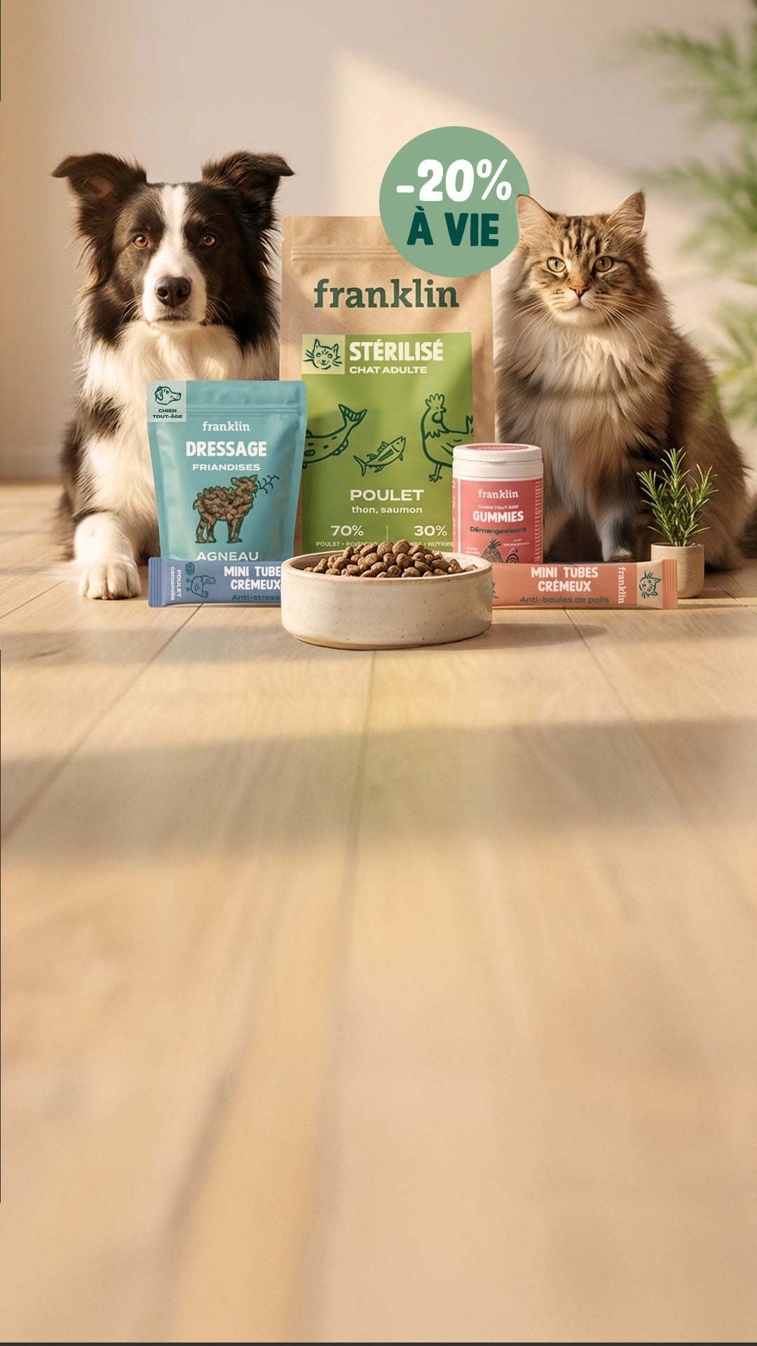 Franklin Alimentation premium pour chien et chat. Choisissez la meilleure nourriture pour votre animal : Croquettes sans céréales riches en protéines et faibles en glucides. Découvrez notre large gamme de pâtées et de friandises riches en viande !
