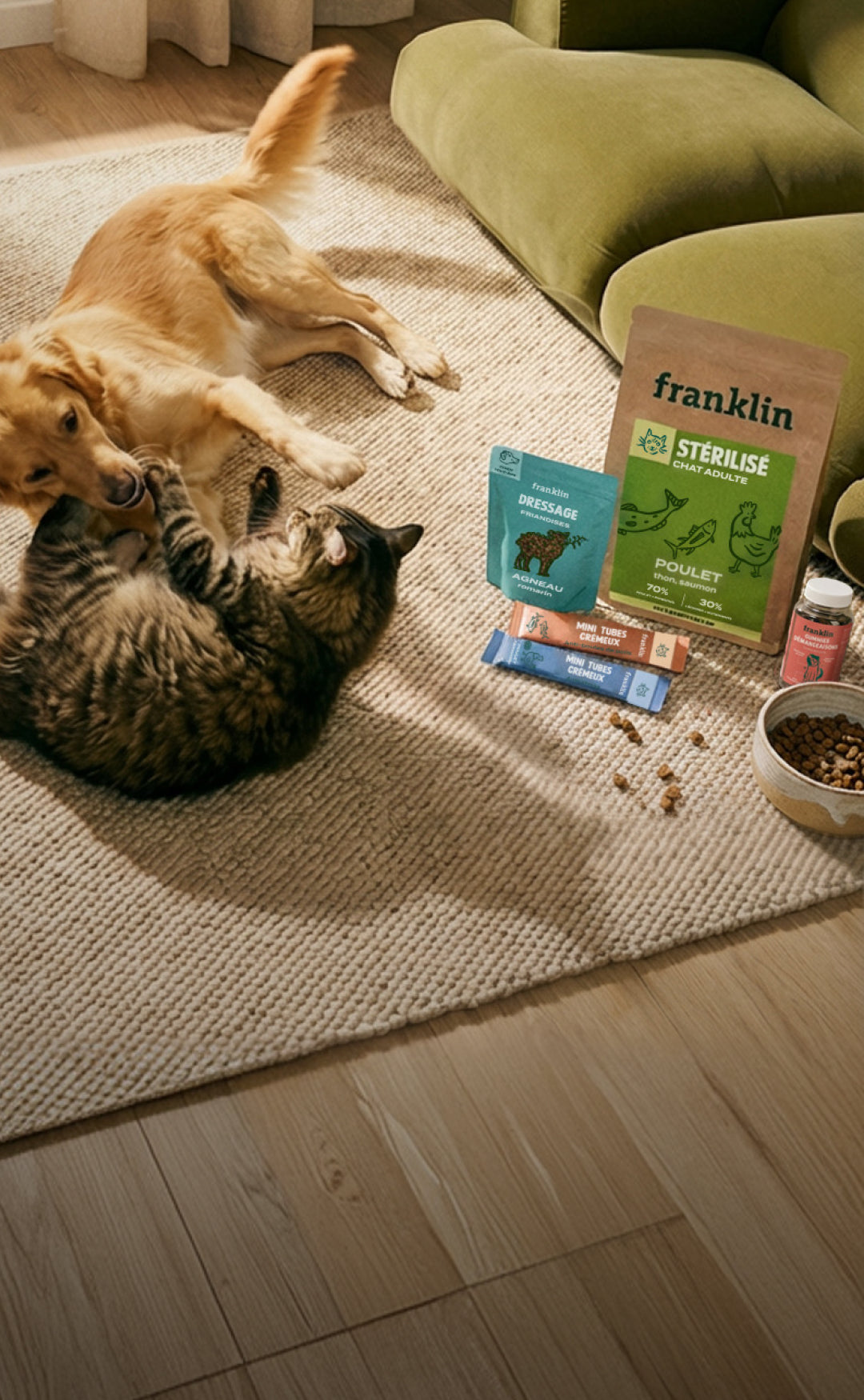 Franklin Alimentation premium pour chien et chat. Choisissez la meilleure nourriture pour votre animal : Croquettes sans céréales riches en protéines et faibles en glucides. Découvrez notre large gamme de pâtées et de friandises riches en viande !