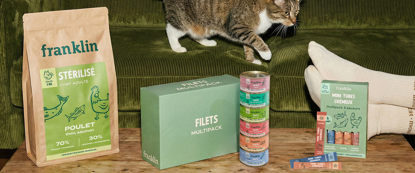 Franklin Alimentation premium pour chien et chat. Choisissez la meilleure nourriture pour votre animal : Croquettes sans céréales riches en protéines et faibles en glucides. Découvrez notre large gamme de pâtées et de friandises riches en viande !