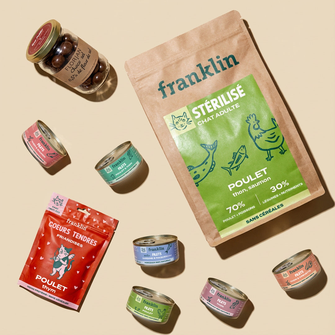 Franklin Alimentation premium pour chien et chat. Choisissez la meilleure nourriture pour votre animal : Croquettes sans céréales riches en protéines et faibles en glucides. Découvrez notre large gamme de pâtées et de friandises riches en viande !