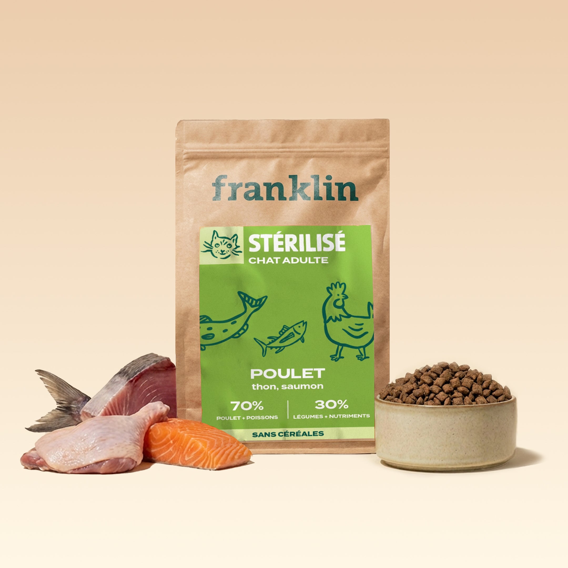 Franklin Alimentation premium pour chien et chat. Choisissez la meilleure nourriture pour votre animal : Croquettes sans céréales riches en protéines et faibles en glucides. Découvrez notre large gamme de pâtées et de friandises riches en viande !