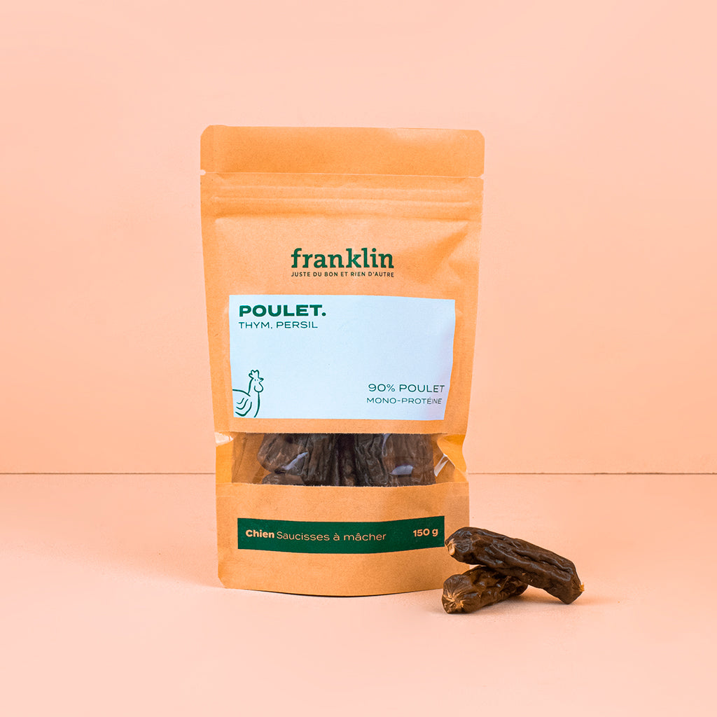 friandises franklin saucisses à mâcher pour chien 150 g 90% poulet sachet kraft sain naturel