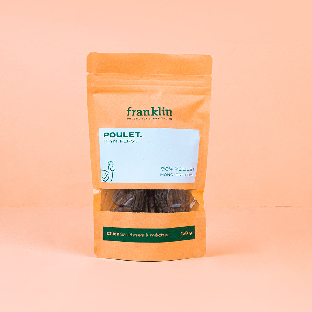 friandises franklin saucisses à mâcher pour chien 150 g 90% poulet sachet kraft sain naturel